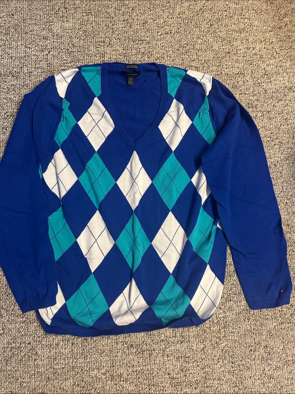 Tommy Hilfiger Royal Blue V-Neck Argyle Sweater with Teal and White